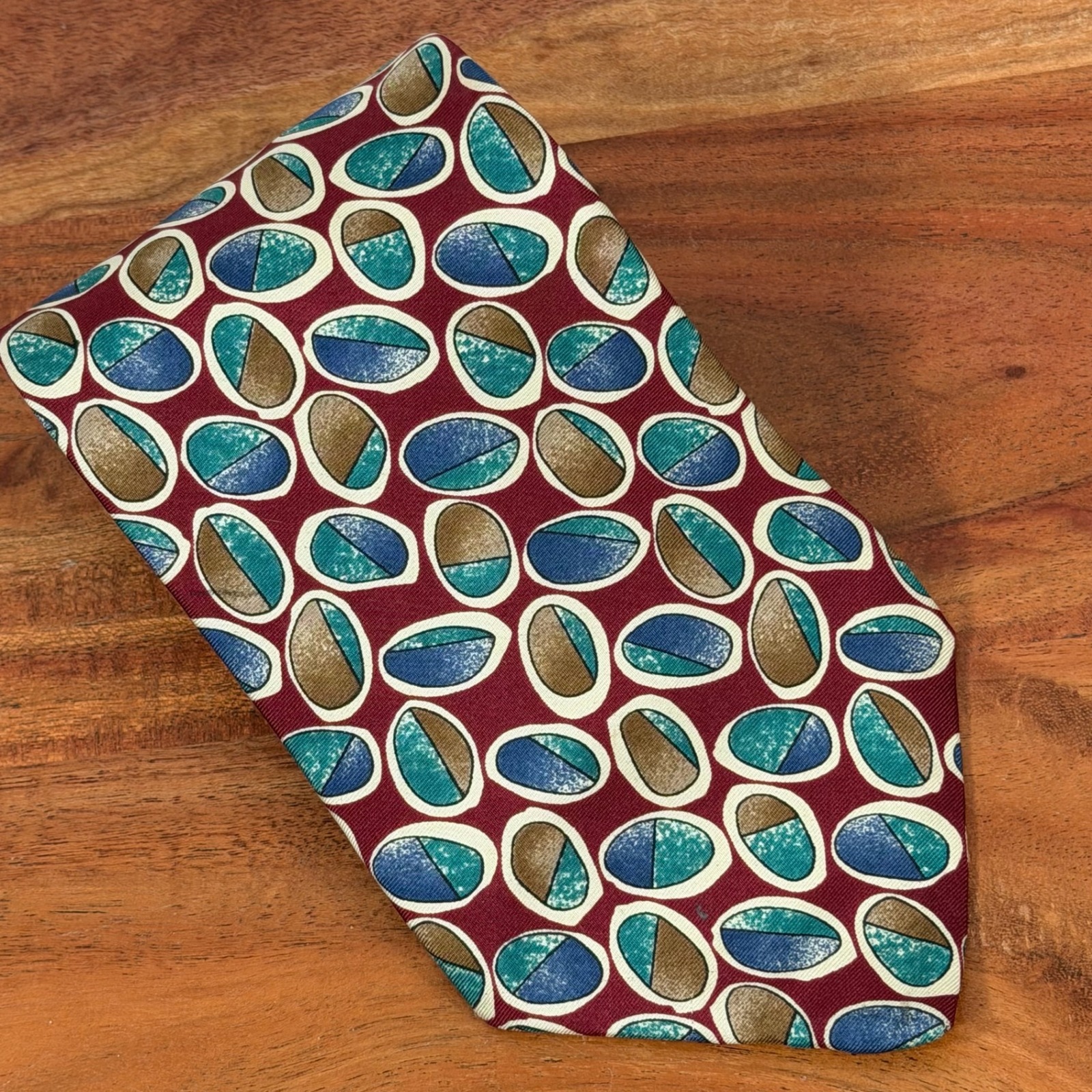 Sunbridge Men Silk Necktie Burgundy Teal Brown Oval Pattern Classic